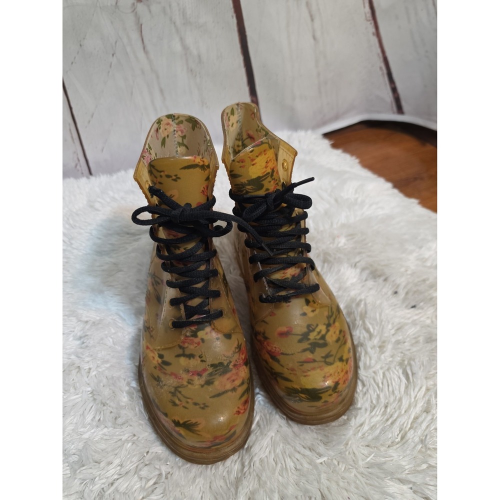 Rock & Candy Women Floral Rain Boots Yellow Translucent Lace Up Combat Size 8